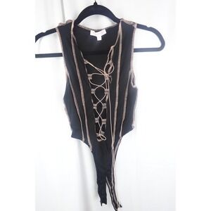 Hot & Delicious Bodysuit‎ Small Black Ribbed Lace Up Y2K Edgy Festival Top